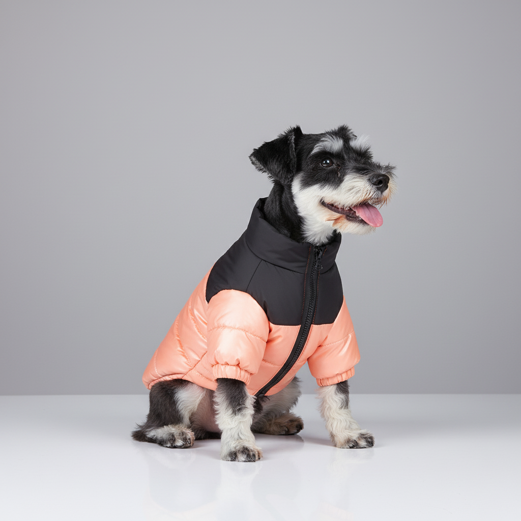 Large dog in a vibrant yellow padded winter jacket, warm and stylish outdoor pet apparel