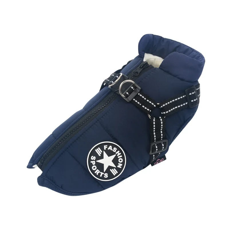 Red waterproof dog jacket for all-weather comfort. Keeps active dogs dry & protected in rain or snow.