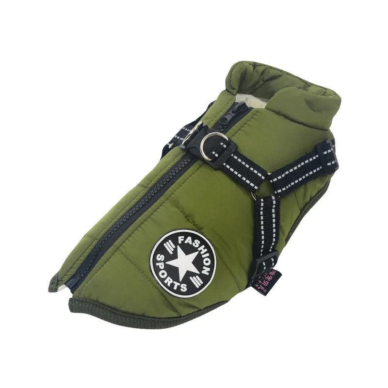 Reflective waterproof dog jacket enhances visibility for active dogs in low light. All-weather pet protection.