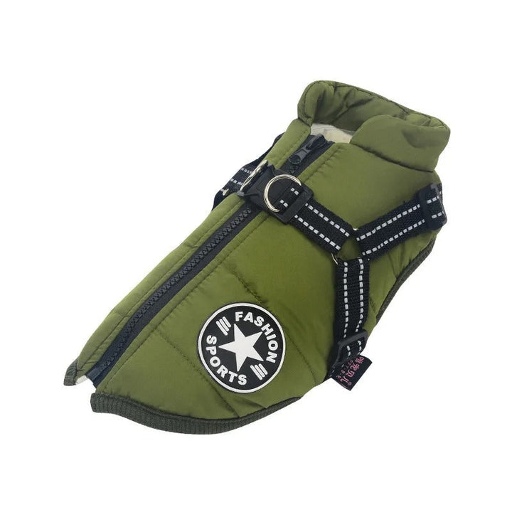 Reflective waterproof dog jacket enhances visibility for active dogs in low light. All-weather pet protection.