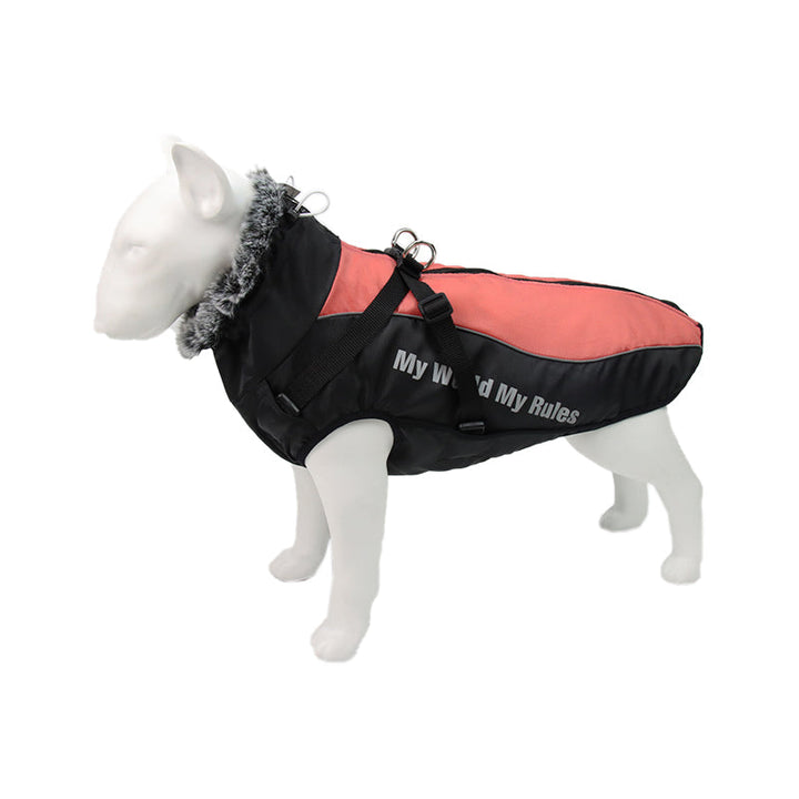 Warm reflective dog jacket with built-in harness, offering winter safety and comfort for pets.