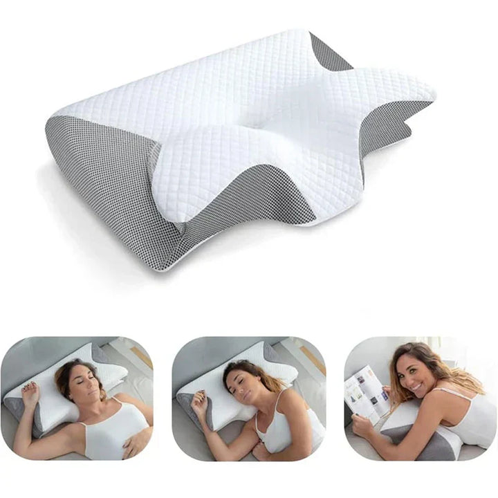 Close-up of RestAlign cervical pillow, detailed ergonomic contour for head and neck sleep comfort
