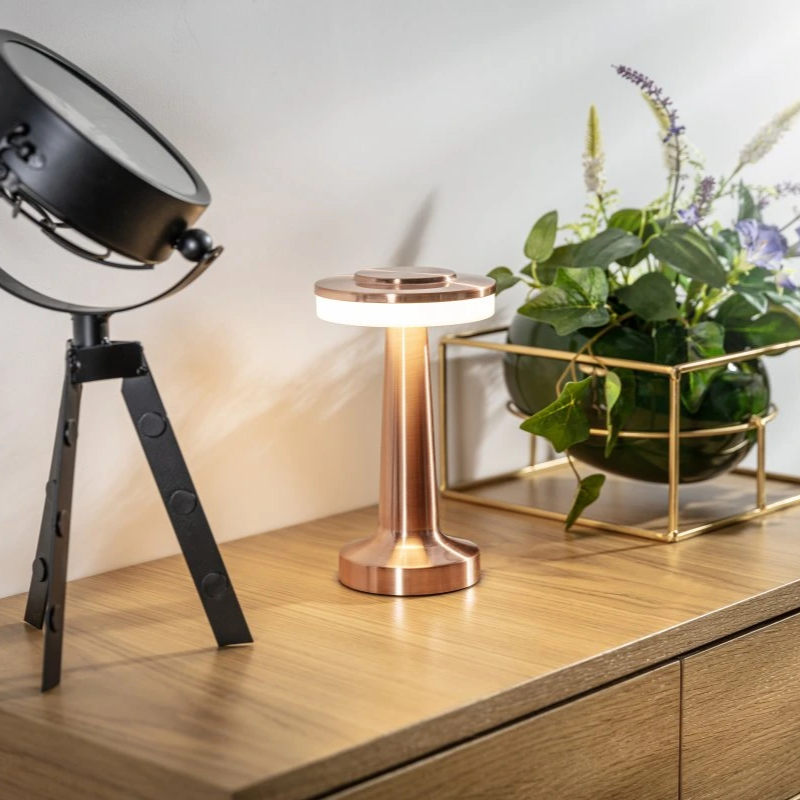 Artistic retro dimmable LED table lamp, wireless design enhances home decor.