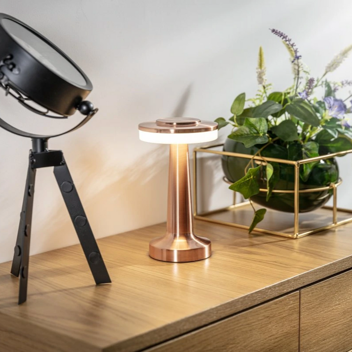 Artistic retro dimmable LED table lamp, wireless design enhances home decor.