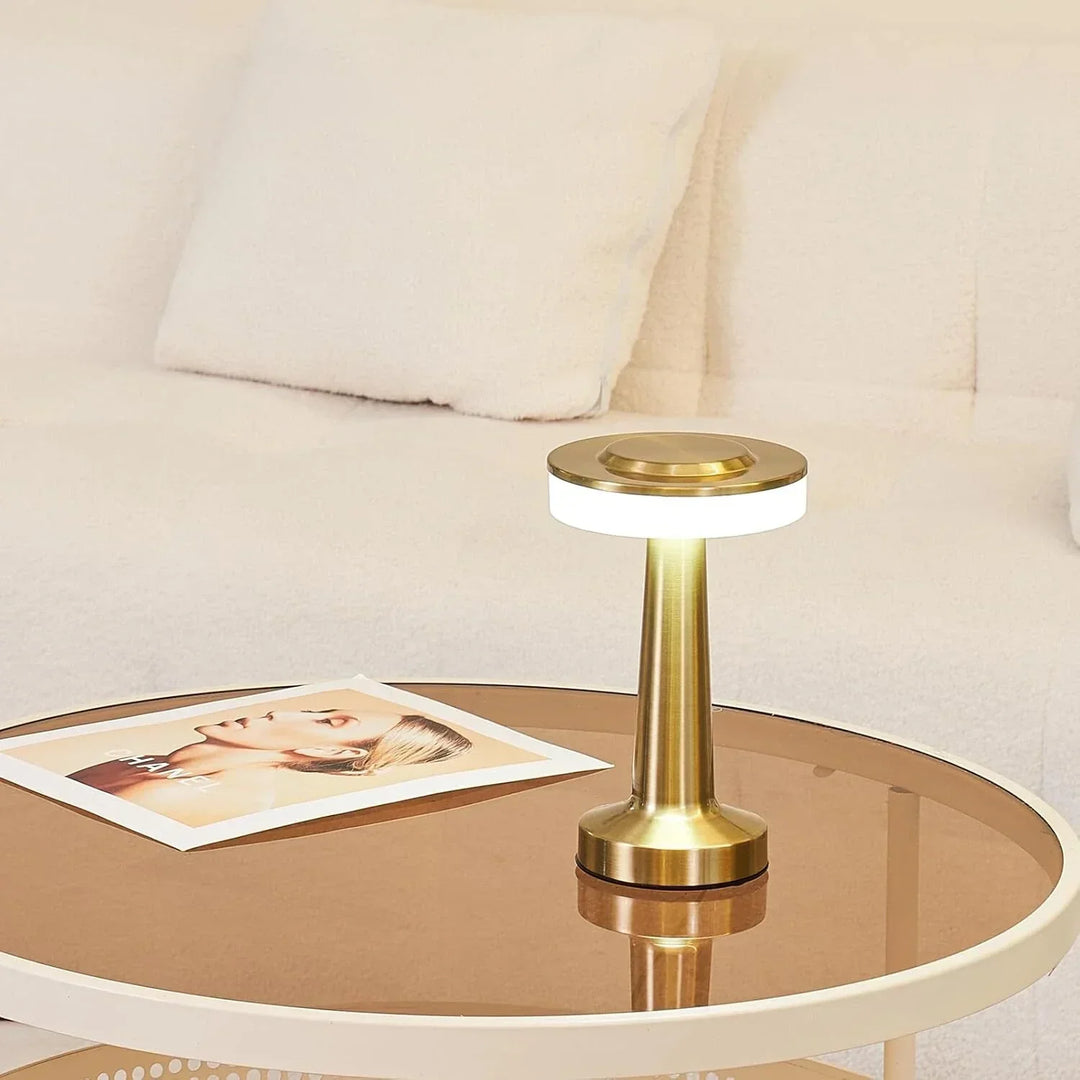 Chic metal retro wireless table lamp, dimmable LED light for elegant interiors.