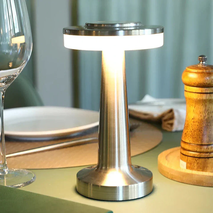 Unique dimmable retro LED table lamp, wireless & portable for flexible lighting.