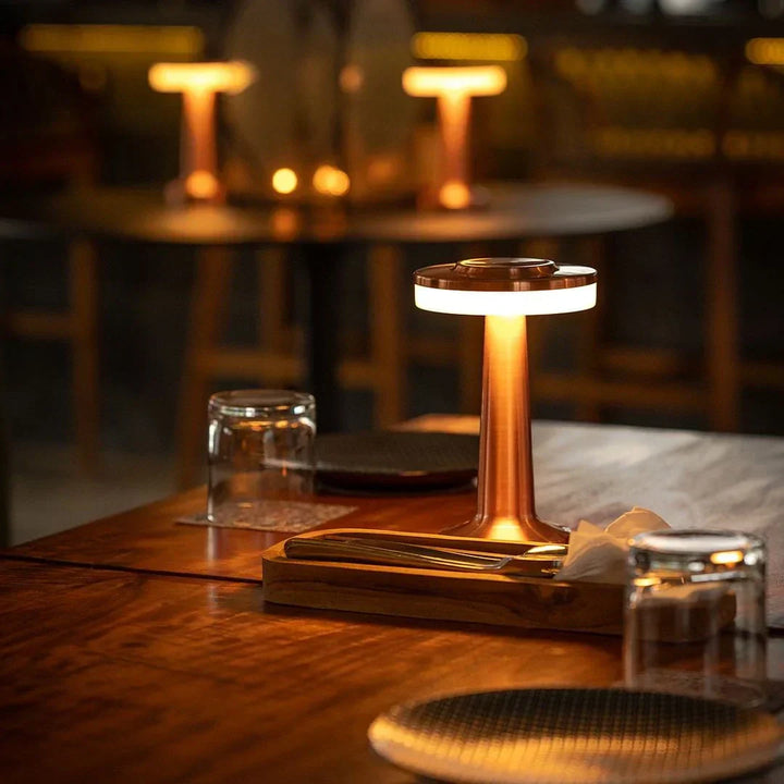 Wireless retro LED table lamp, dimmable light for modern home decor and ambiance.