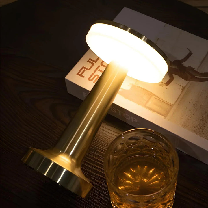 Elegant dimmable retro LED table lamp, wireless design for ambient lighting.