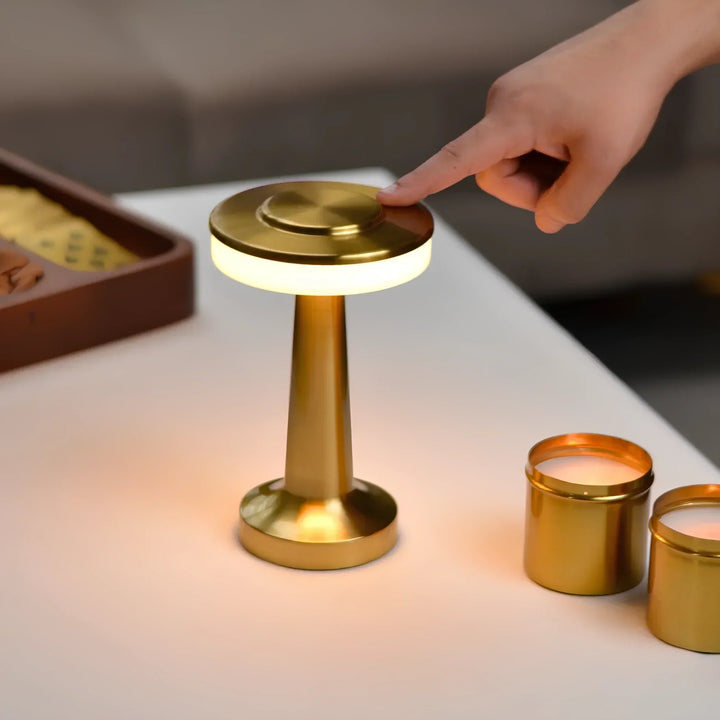 Vintage style wireless LED table lamp, dimmable light for cozy home ambiance.