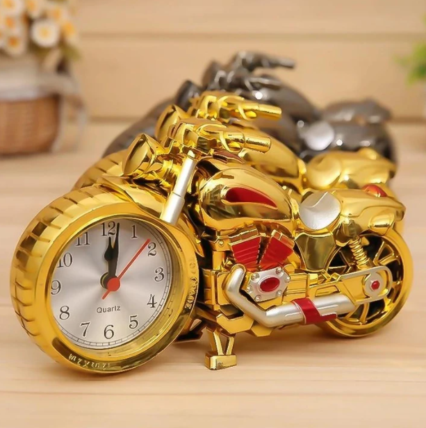 Detailed retro motorcycle alarm clock, black with chrome accents, vintage style desk decor & functional timepiece.