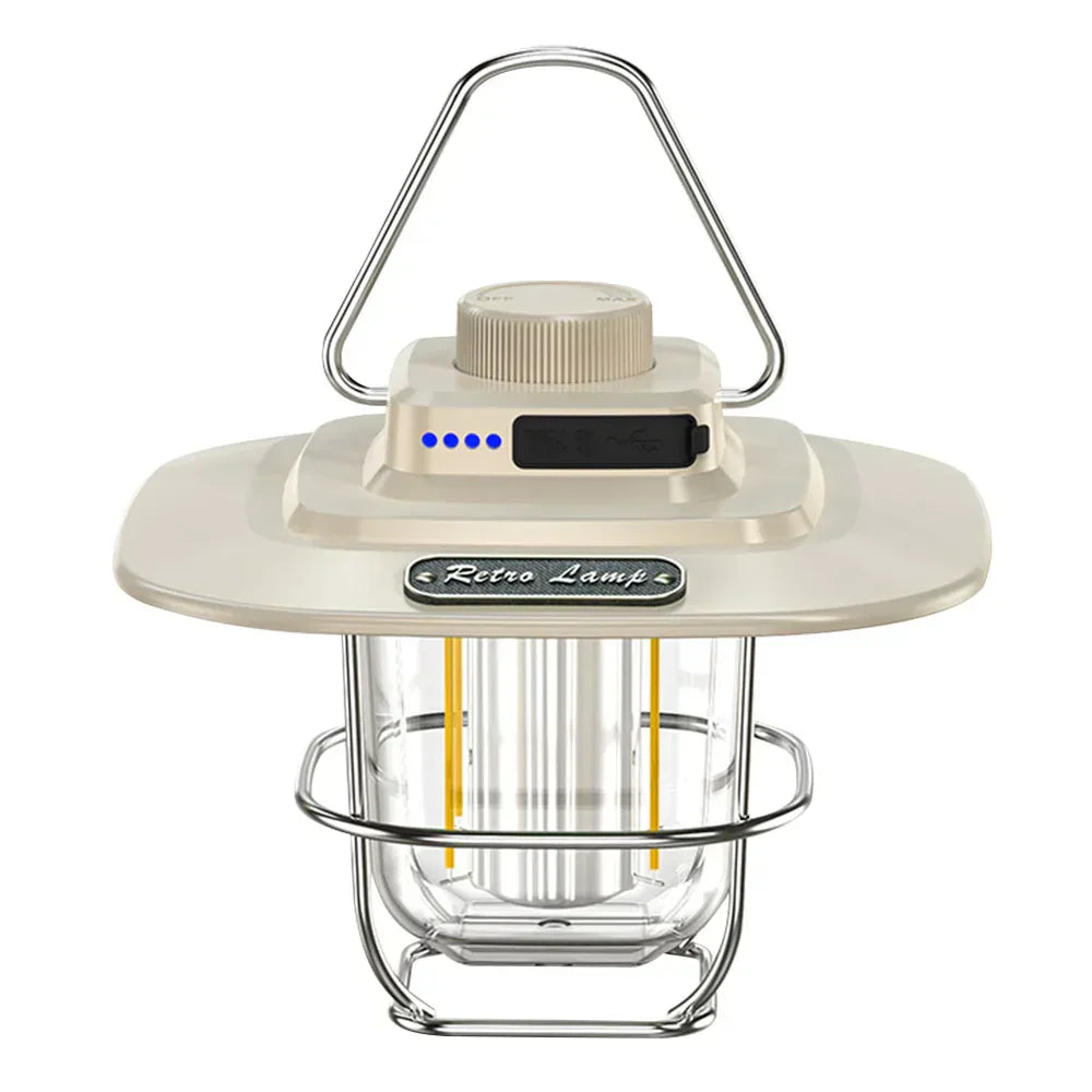 Portable vintage style LED lantern, rechargeable and durable for camping and outdoor use