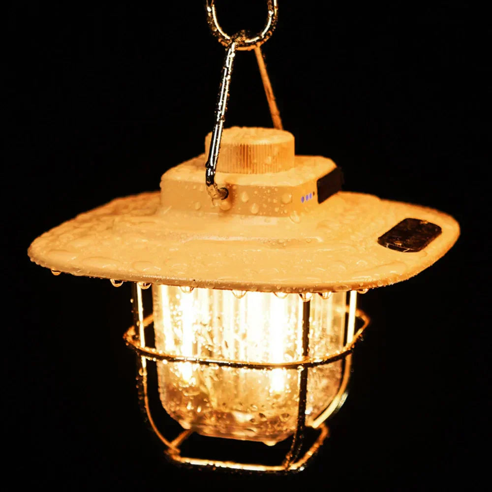 Compact retro rechargeable LED camping lantern, an essential piece of portable camp gear