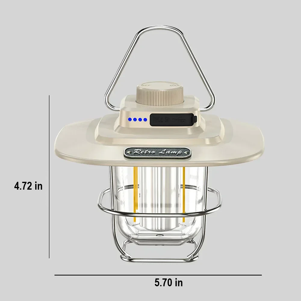 Warm glow of a retro LED lantern, rechargeable for evening ambiance and outdoor lighting