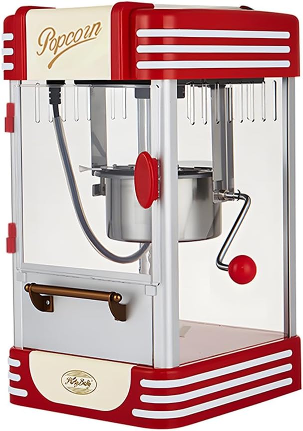 Retro red electric tabletop popcorn maker, Calvano, perfect for movie night snacks & parties.