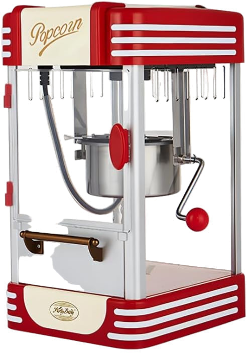 Calvano retro red electric popcorn maker with timer, a stylish kitchen appliance for home use.