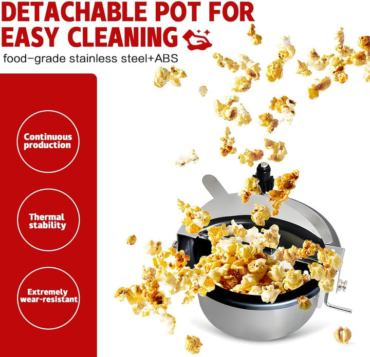 Close-up of freshly popped corn spilling from the retro red electric tabletop snack maker.