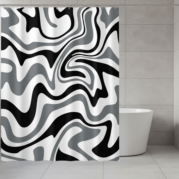Retro shower curtain with red, orange, and brown spiral wave pattern, 70s BohoWave design, waterproof fabric