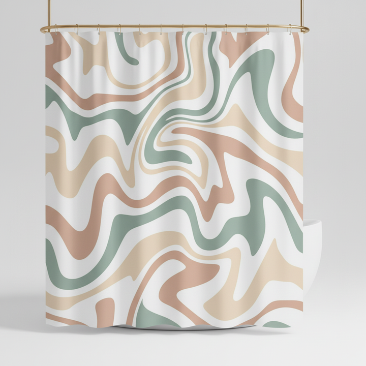 Retro shower curtain with a distinct spiral wave motif, waterproof and easy to clean, 70s bohemian charm