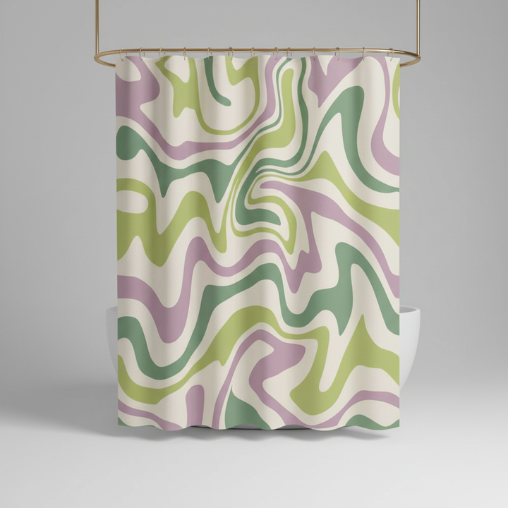 Bathroom interior featuring a colorful retro spiral pattern shower curtain, adding vintage designer flair
