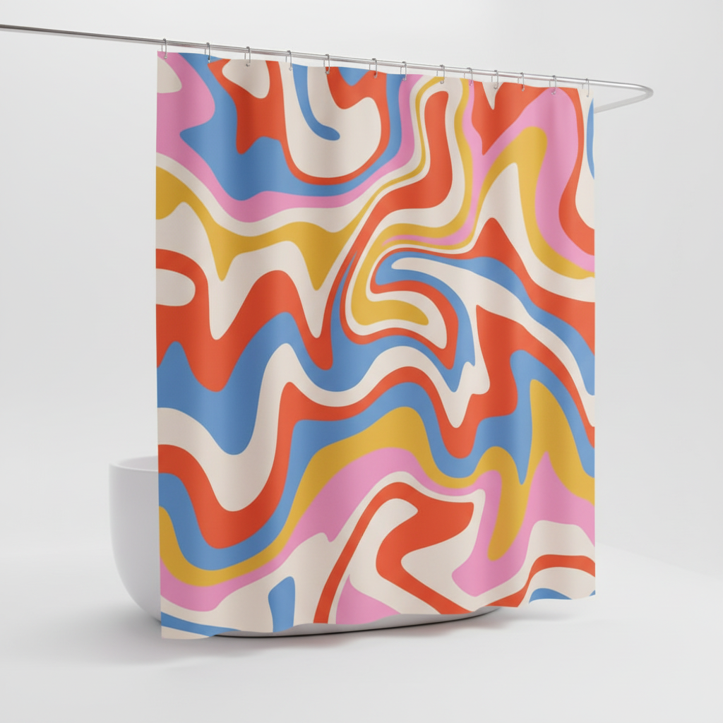 Textured retro spiral pattern shower curtain, 70er Jahre BohoWave, durable and stylish bathroom accessory