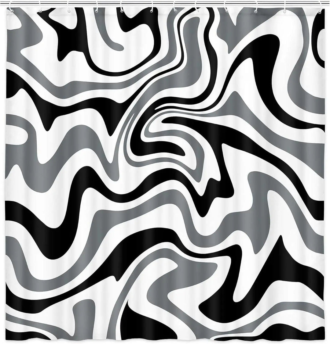 Stylish retro spiral pattern shower curtain in a modern bathroom, adding a pop of 70s boho chic decor