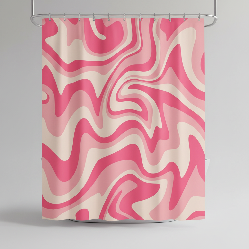 Retro brown and orange spiral wave pattern shower curtain, 70s style, high-quality waterproof textile