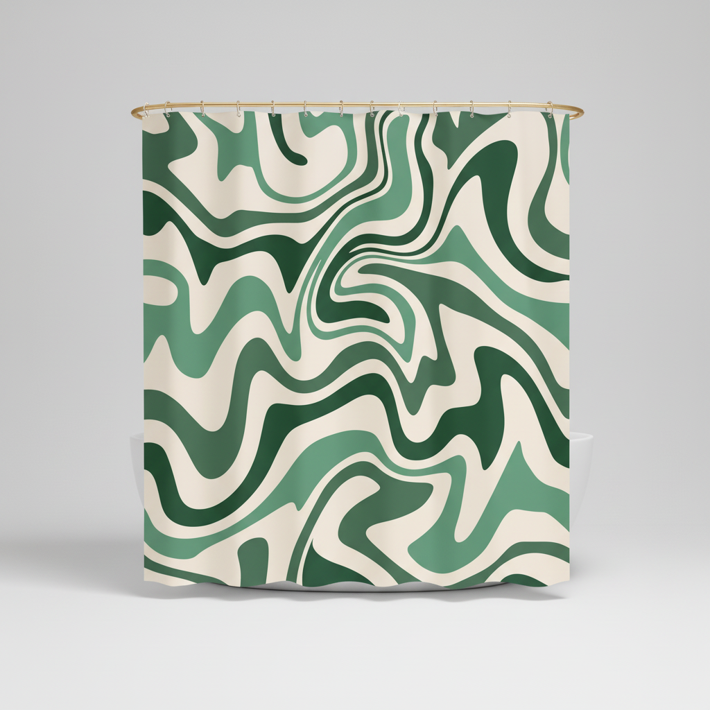 Bohemian shower curtain showcasing a unique retro spiral design, ideal for a vibrant bathroom update