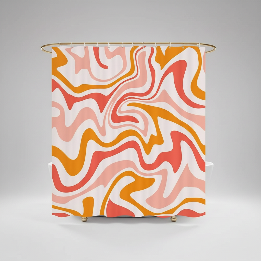 Close-up detail of the retro spiral pattern on a waterproof shower curtain, rich 70s color palette