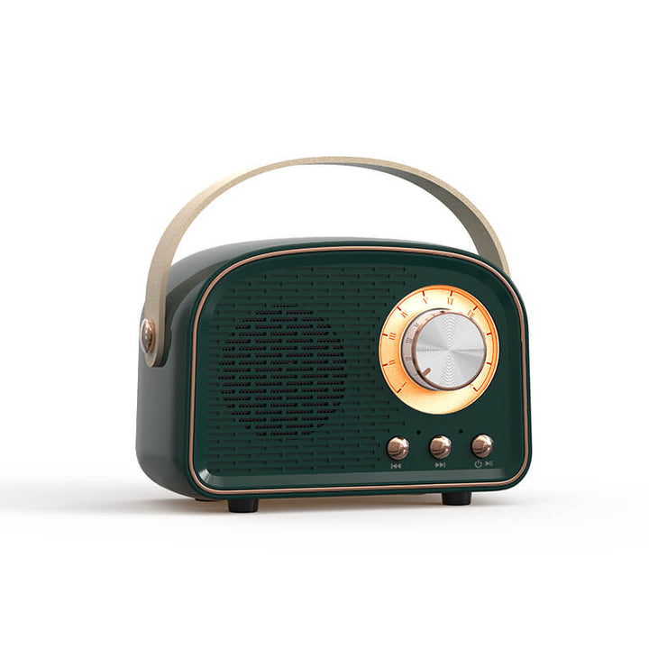 Portable RetroVibe Bluetooth speaker, amber-colored, with built-in FM radio functionality.