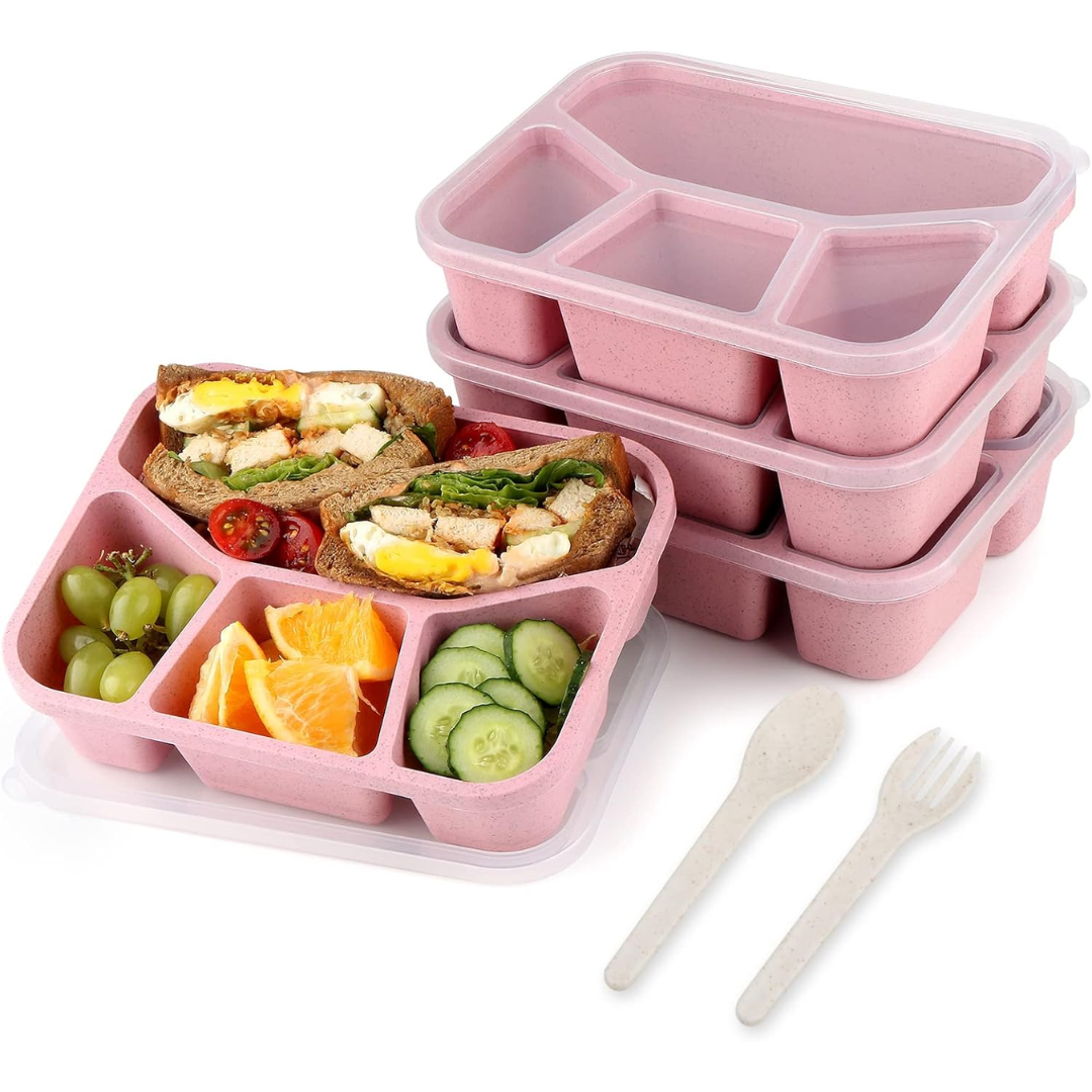 Versatile 4-pack bento snack boxes, 4 compartments, ideal for school lunch, work lunch, and organized food storage.