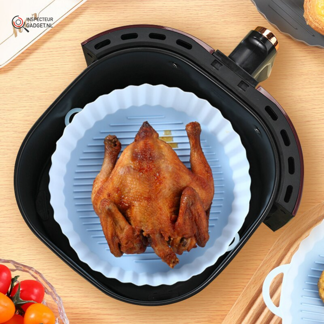 Durable silicone air fryer basket, reusable and nonstick. Simplifies healthy cooking & cleanup.