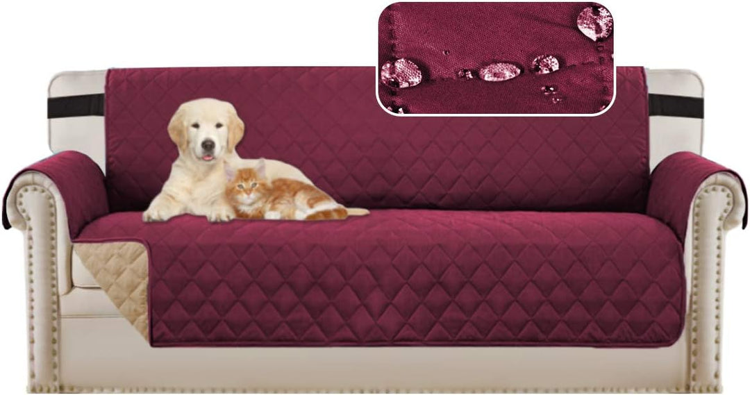 SofaShield reversible futon cover, shown with and without a pet, highlighting its protective features.