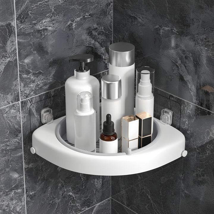Unisex design SpaceTurner rotatable corner shelf, excellent for home organization in any room.