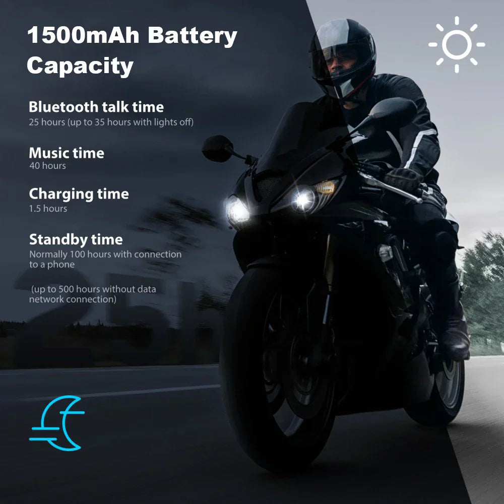 RideSync motorcycle intercom, 10-rider group communication system on a black helmet