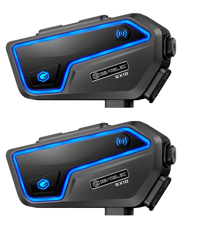 RideSync Bluetooth motorcycle intercom for 10 riders, IP67 waterproof with clear communication.