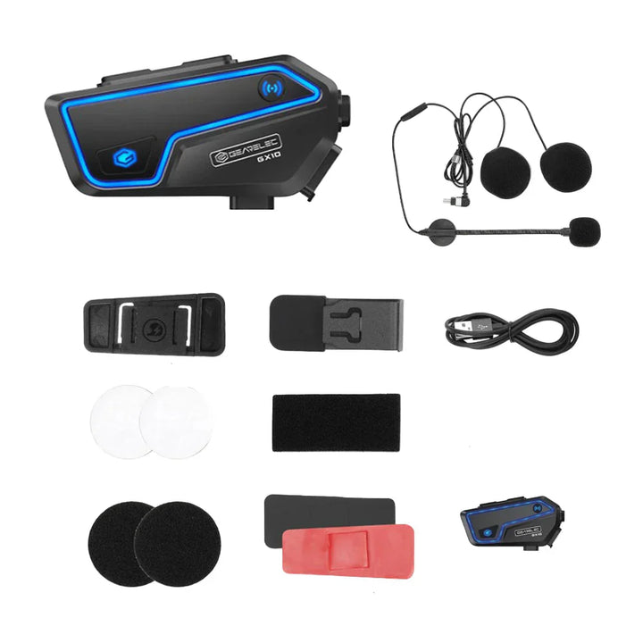 RideSync motorcycle intercom box with product features: 10 riders, Bluetooth, IP67 waterproof