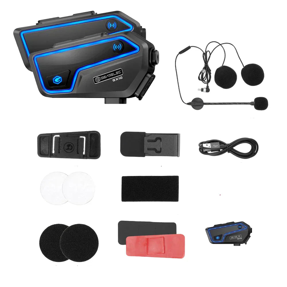 Motorcycle accessory: RideSync Bluetooth intercom with all included components, ideal for group rides