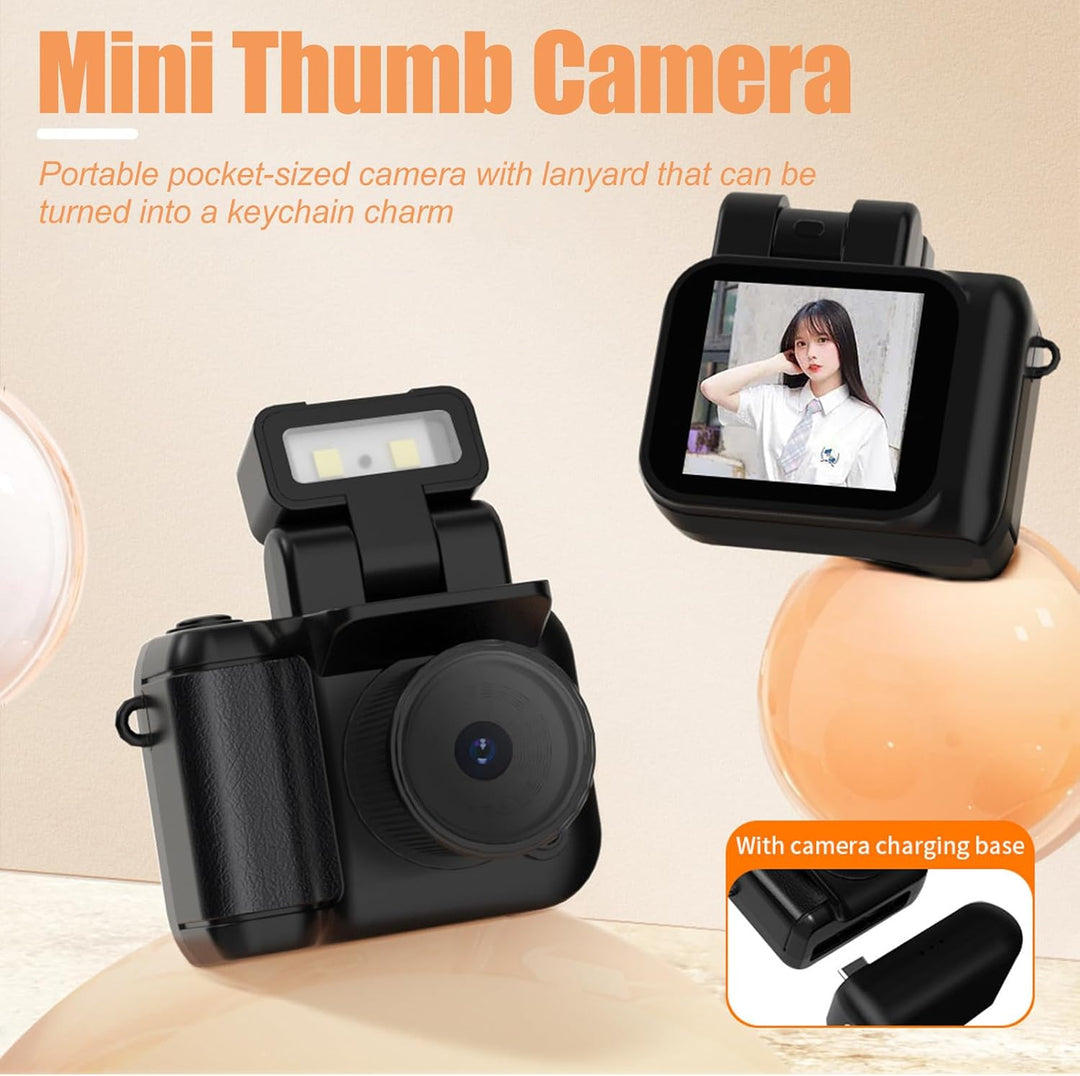 Close-up of Rivoma 1080P retro digital camera keychain, illustrating compact portable gadget