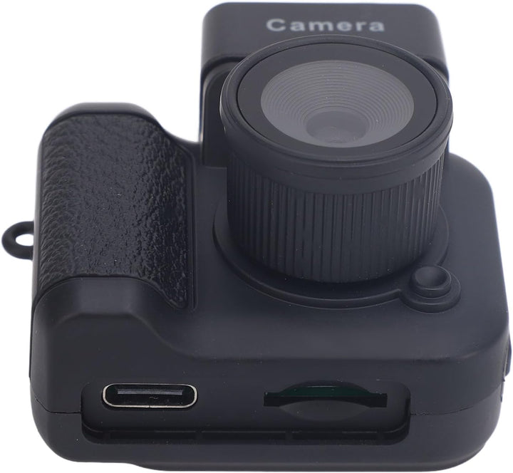 Back view of Rivoma retro mini camera, showing the lens and indicator lights, a cool gadget