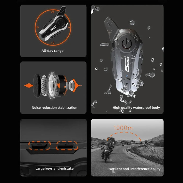 Lifestyle shot of a motorcyclist wearing a helmet with RoadComm intercom accessory