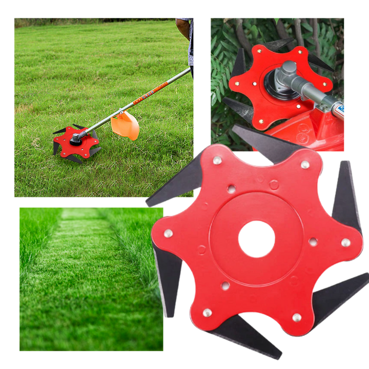 Durable brush cutter attachment with six steel blades, perfect for tough weed trimming jobs