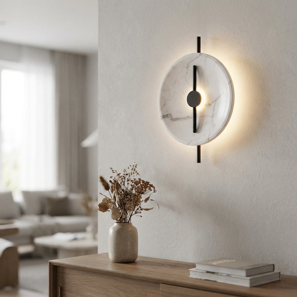 Round Marble Effect Wall Sconce, Marbelleo, LED ambient lighting for modern home decor
