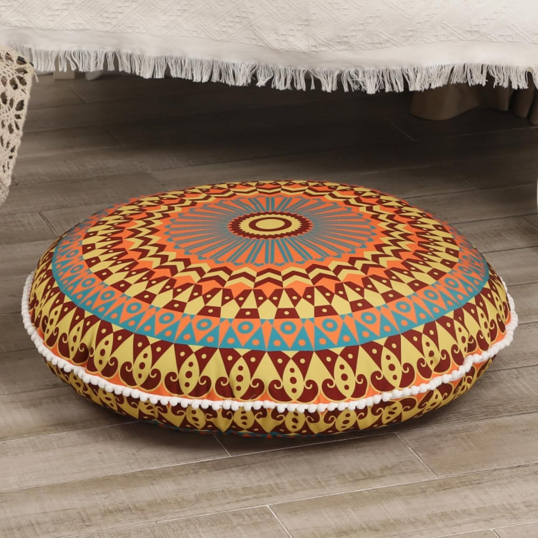 Versatile round memory foam floor cushion for yoga, meditation, comfortable seating, and home decor.