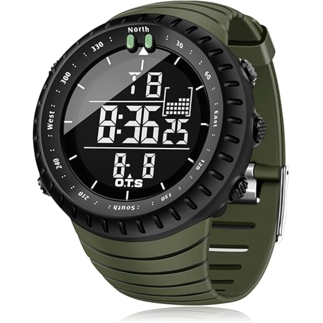 Waterproof digital sports watch for men, featuring a large display and robust shock resistance.