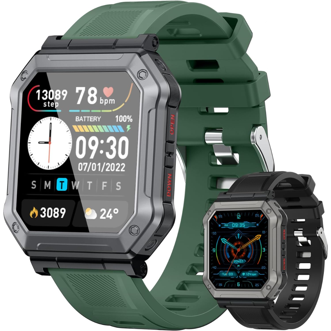 Close-up of a durable military-style smartwatch for men, health monitoring features, and robust design