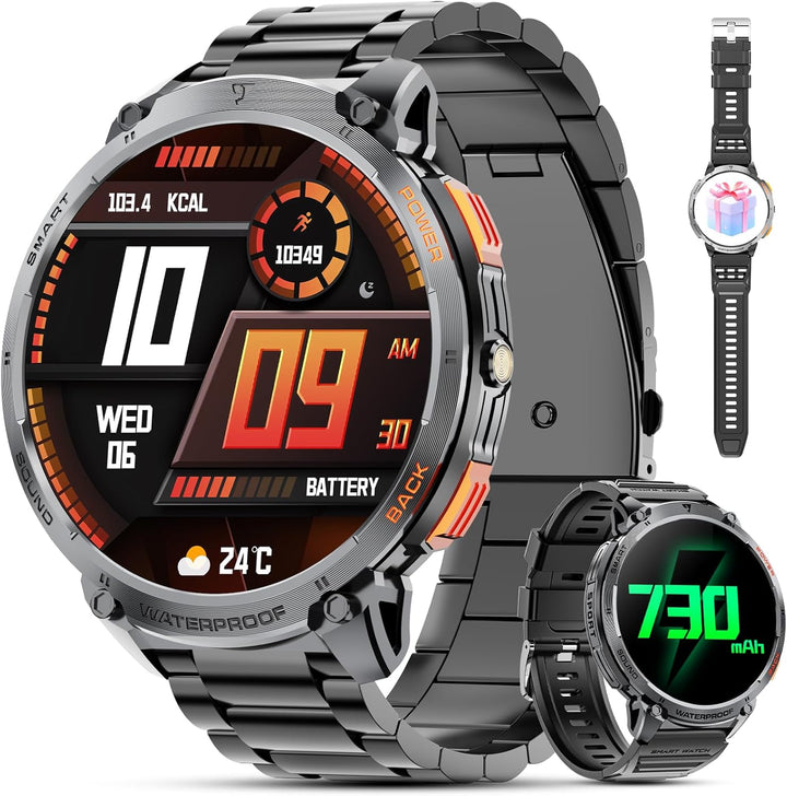 Rugged men's military smartwatch with 1.85" HD display, ideal for outdoor sports and tech enthusiasts.