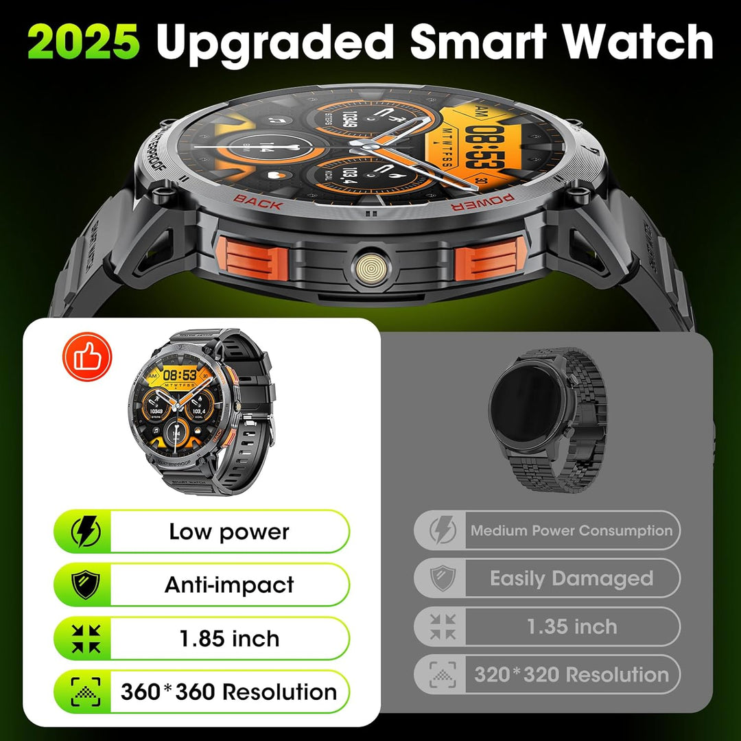 Rugged military smartwatch for men, 1.85" HD screen, waterproof, and long-lasting battery.