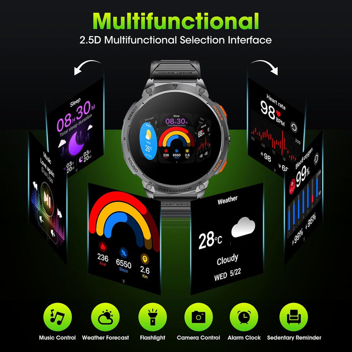 Fitness tracker men's smartwatch, waterproof and rugged, featuring a 1.85" HD screen.