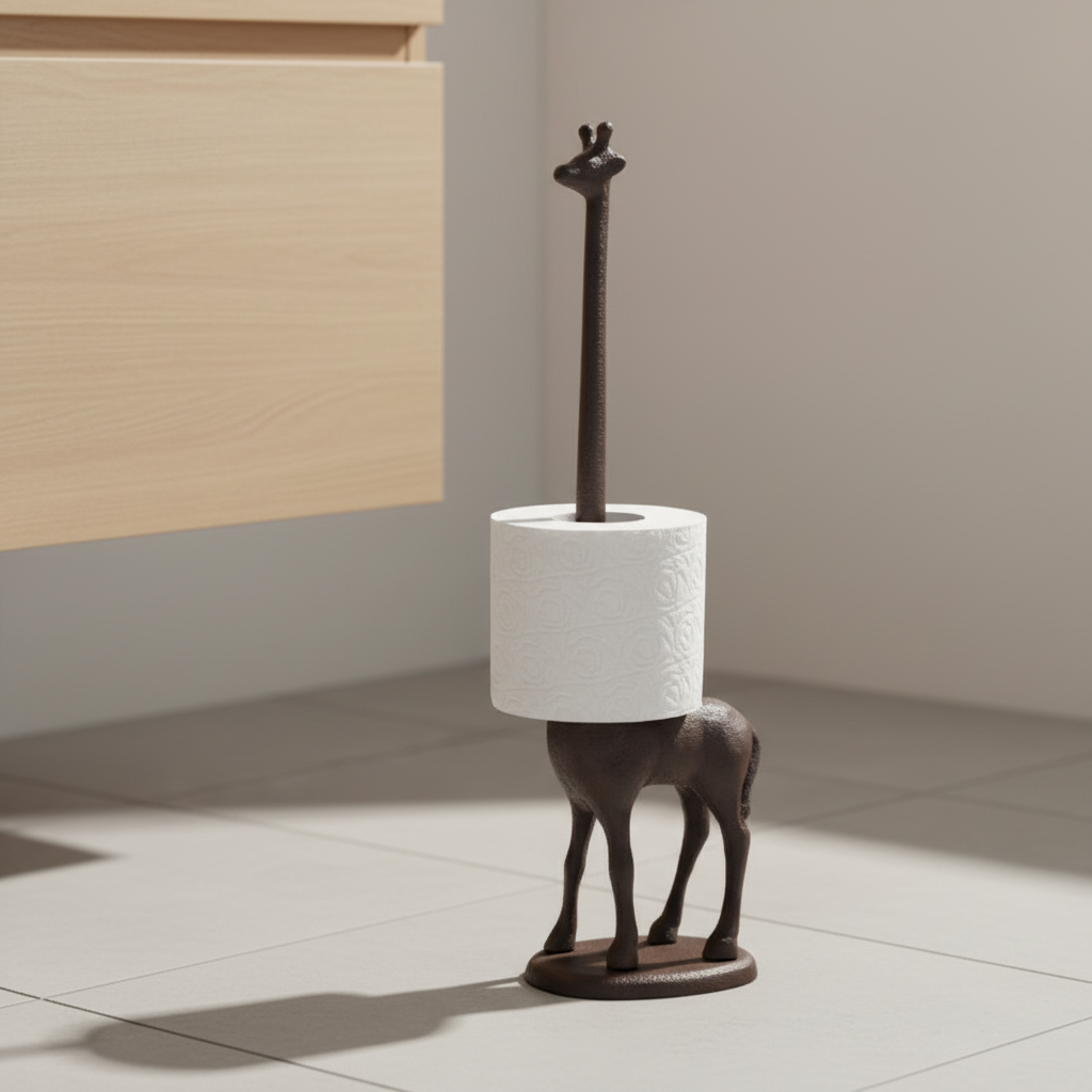 Rustic cast iron giraffe toilet paper holder, freestanding, with decorative animal-shaped bathroom storage.