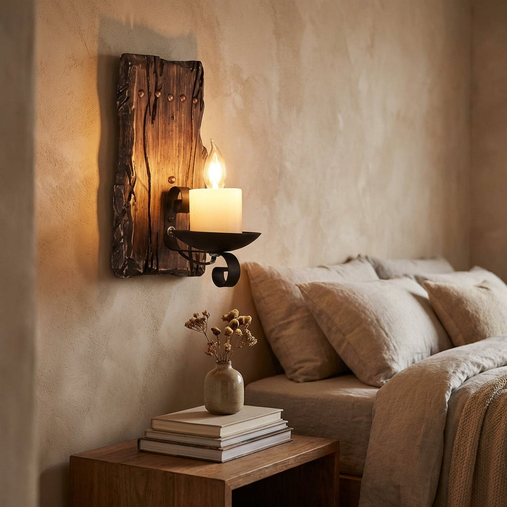 Rustic farmhouse wall sconce with vintage wood fixture & LED lighting, industrial home decor